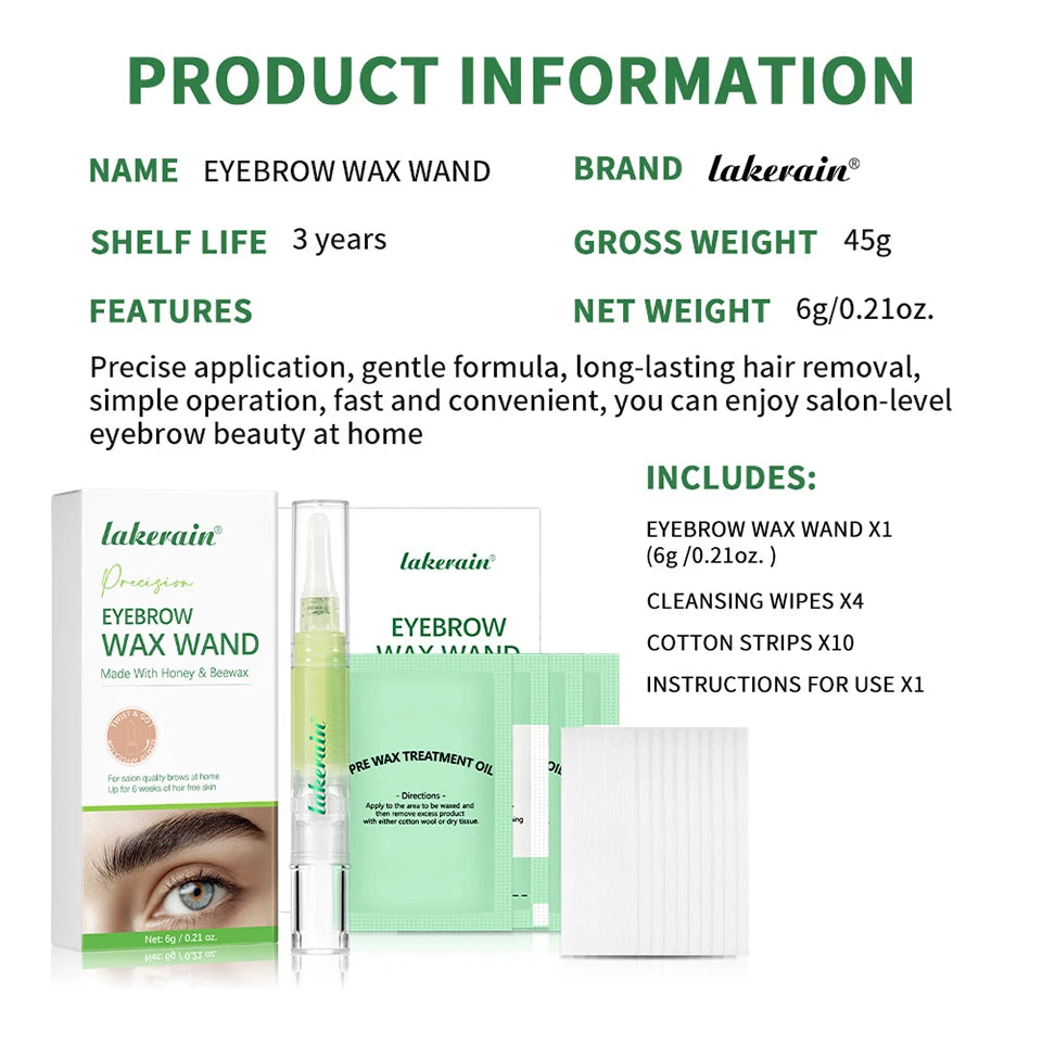 Lakerain Eyebrow Wax Wand Gentle Wax Formula Easy DIY Salon Long-lasting Smooth Hair Free Skin Eyebrow Facial Hair Removal Set Flawless-up